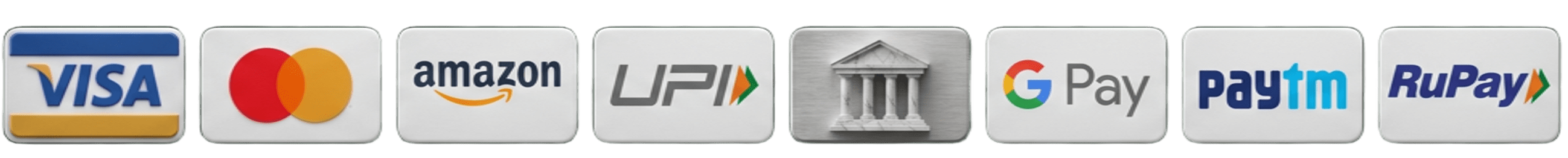 Payment Methods: Visa, Mastercard, Amazon Pay, UPI, Net Banking, Google Pay, Paytm, RuPay